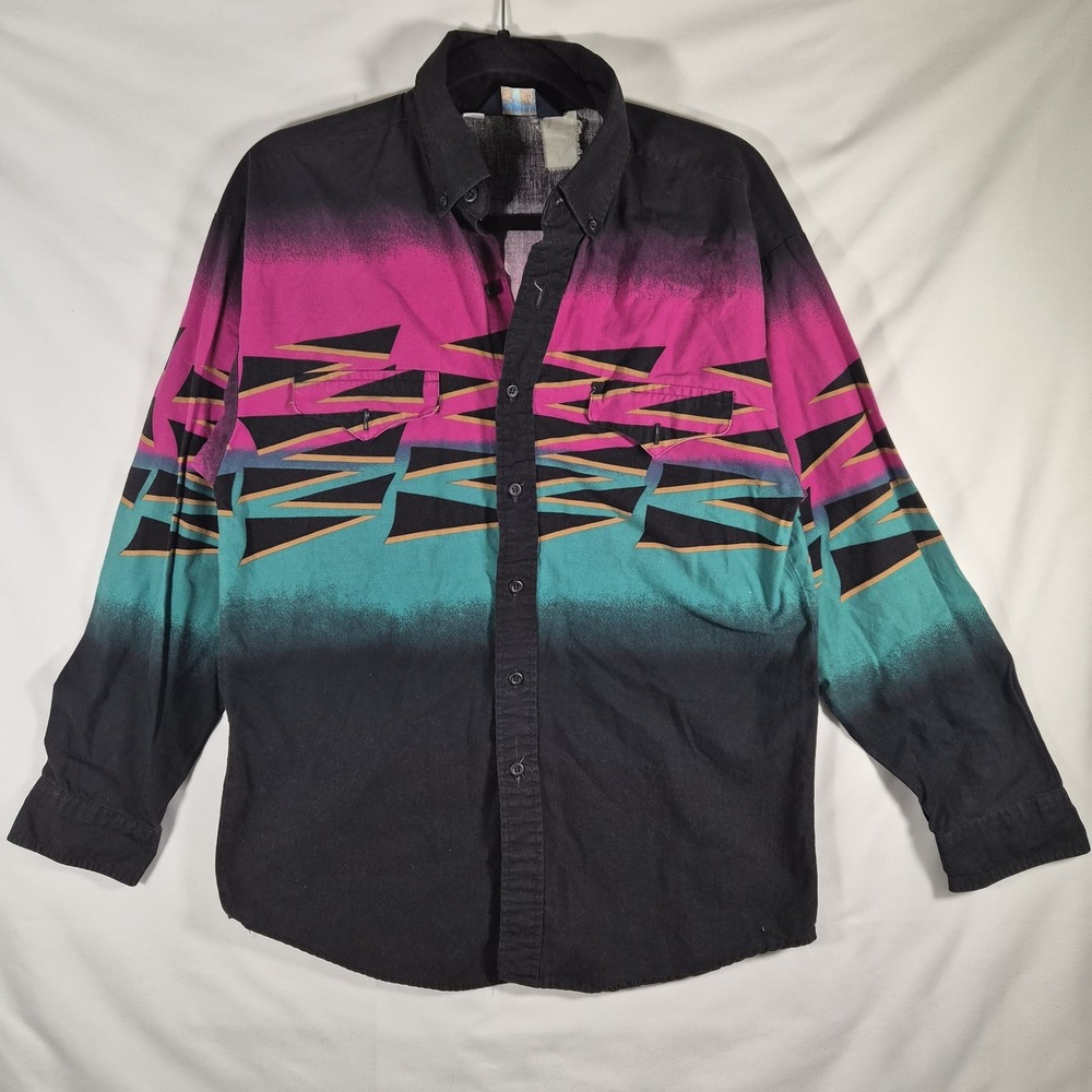Vintage Bronco Down Frontier West Men's M Western Shirt Pink Teal Geometric 90s